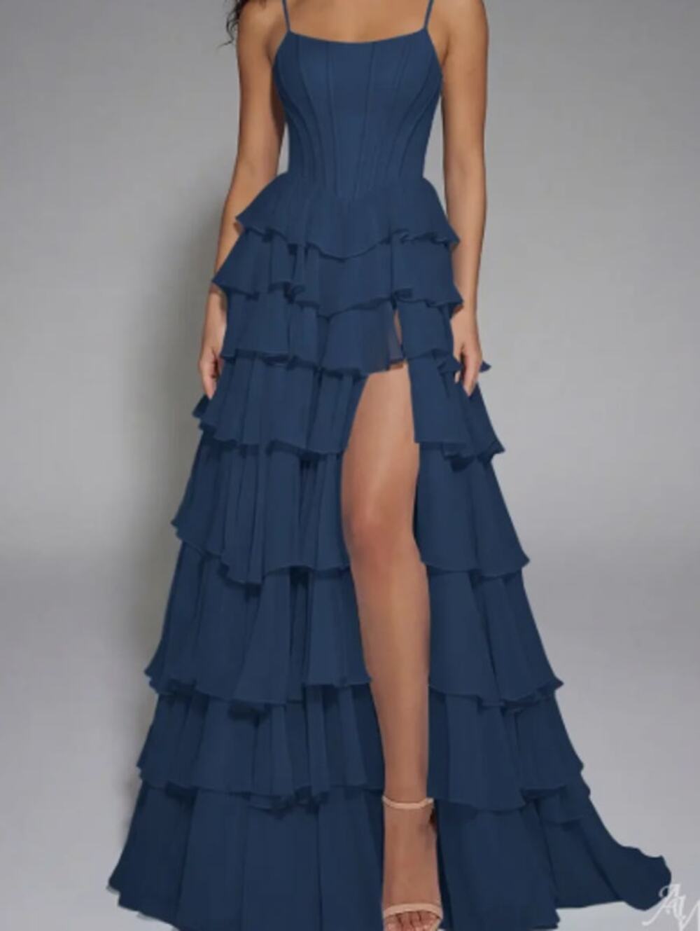 AW BRIDAL sz 6 S navy blue Joy chiffon formal tiered lace up maxi dress B57
